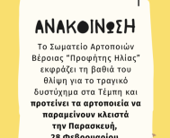 Σωματείο Αρτοποιών Βέροιας «Προφήτης Ηλίας» Κάλεσμα  συμμετοχής στην συγκέντρωση  για την τραγωδία των Τεμπών 