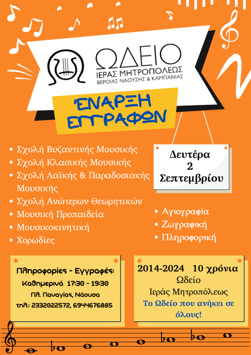 ΕΓΓΡΑΦΕΣ ΣΤΟ ΩΔΕΙΟ & ΣΤΗ ΣΧΟΛΗ ΒΥΖΑΝΤΙΝΗΣ ΜΟΥΣΙΚΗΣ  ΤΗΣ ΙΕΡΑΣ ΜΗΤΡΟΠΟΛΕΩΣ 