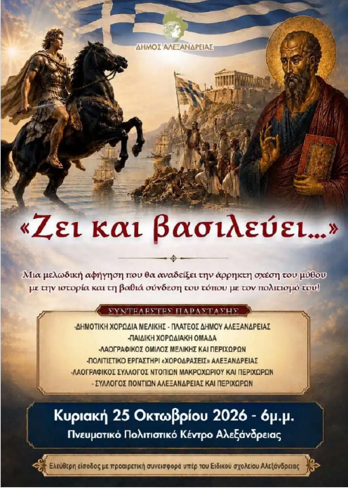 Κυριακή 25 Οκτωβρίου: «Ζει και βασιλεύει…»: Μουσικοχορευτική εκδήλωση στο Πνευματικό Πολιτιστικό Κέντρο Αλεξάνδρειας